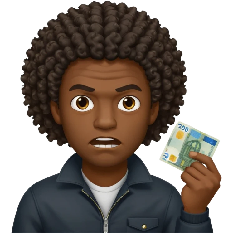 create a blackman holding 20 euro bill and looking like evil very evil curly hair that points upwards emoji