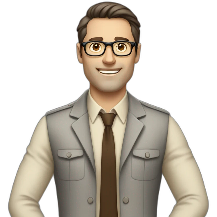 Full height Actively gesturing with hands Pale skinned fit man with dark brown hair in gray jacket, beige office shirt, brown tie, brown pants and vintage glasses. emoji