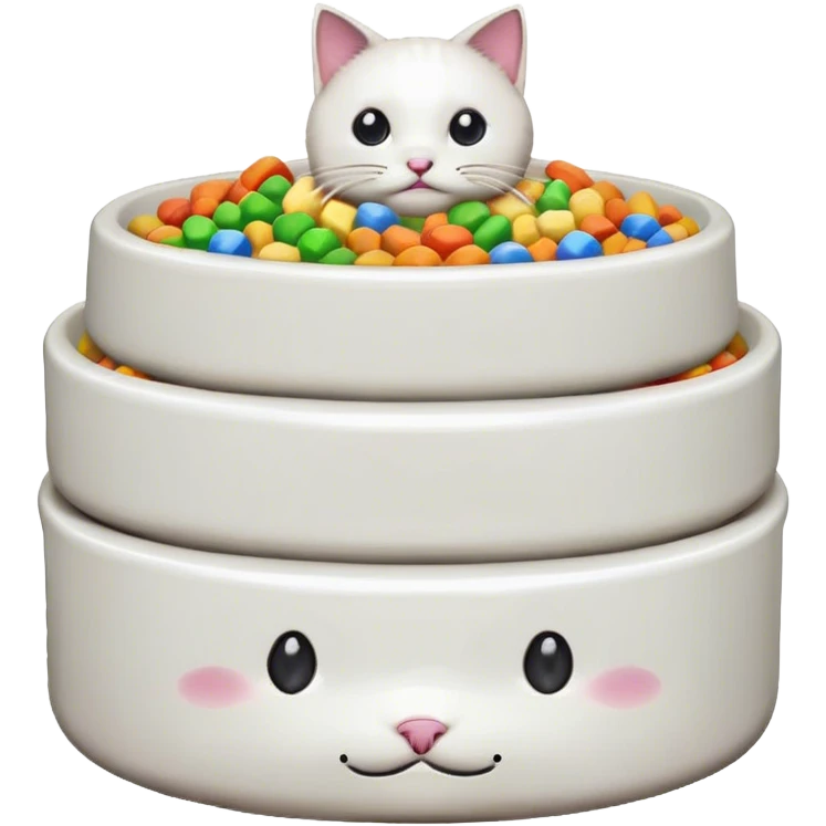 in the style of pixel art, make a cat pet food bowl . In the bowl is white cat food which is piled so high on top of the bowl. There are small pieces of rainbow food in the bowl too. there is only food in the bowl emoji