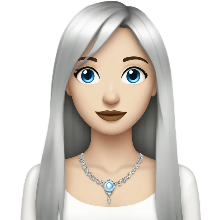 woman with pale skin, blue eyes and long dark brown hair with layers and fringe bangs, wearing a white top and silver jewellery emoji