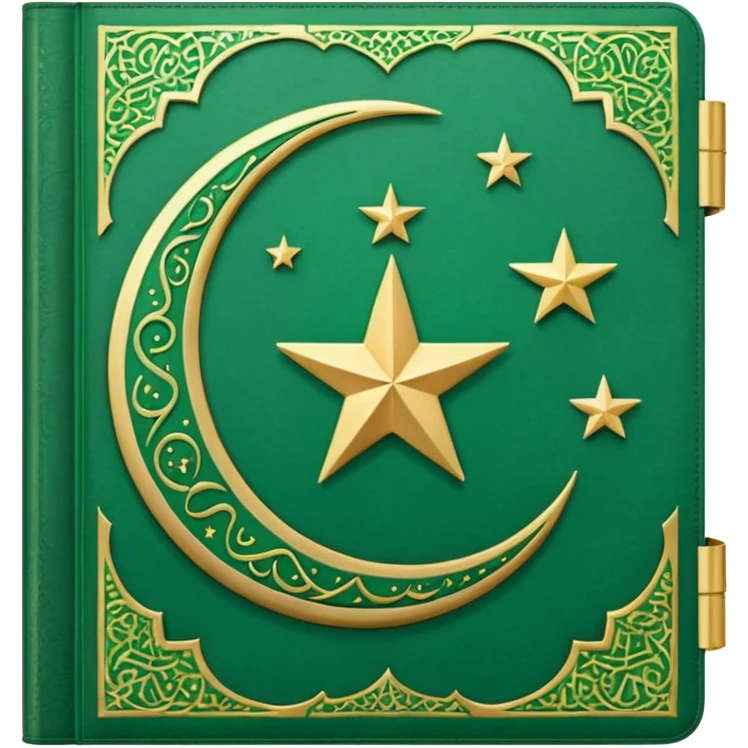 Closed Quran with the Islamic Symbol on it (moon and star) green from left to right emoji