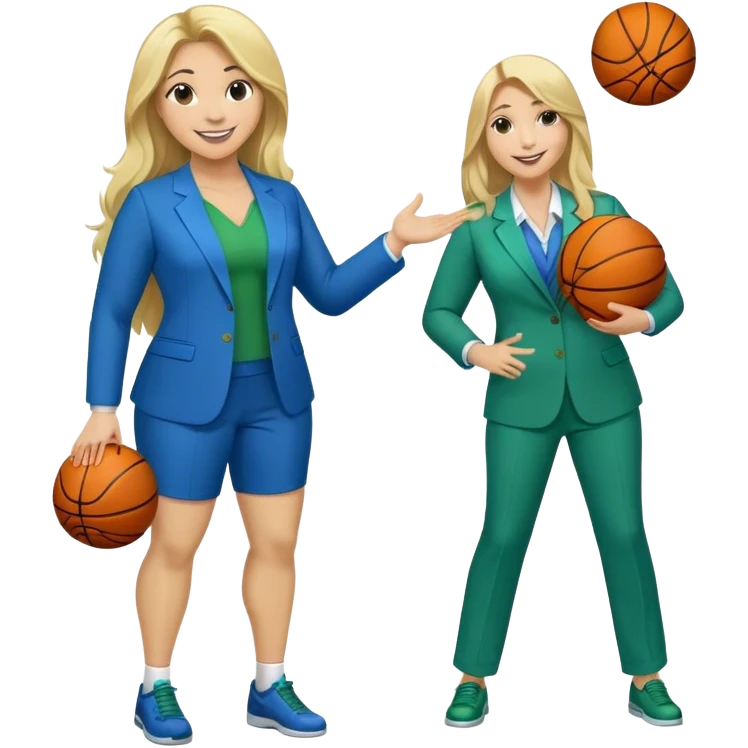 Full Body white plus size female with big nose basketball head coach using a clipboard with long blonde hair in a blue and green suit smiling with basketball and clipboard emoji