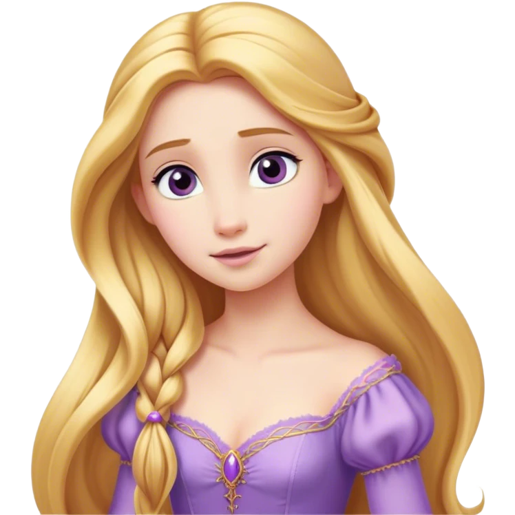 Cinematic Elegant Rapunzel Portrait Emoji, rendered in a realistic, vector-style with minimal shading and bold, simplified shapes. Depict Rapunzel (chest and above) with fair, porcelain skin, long, flowing golden hair cascading gracefully, and soft, gentle eyes, wearing her iconic light purple gown. The image glows with a soft, enchanting radiance and high shine, capturing timeless fairy-tale beauty. emoji