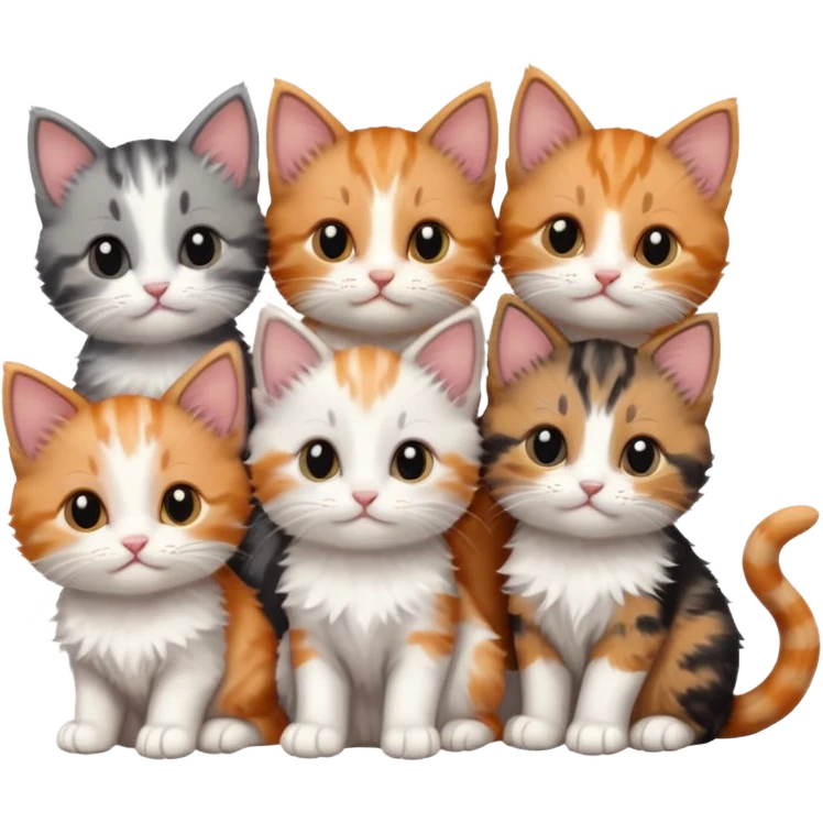 6 tiny kittens cuddling together all different colours, the first one is grey and white, the second is ginger and white and the third is brown tabby and white emoji