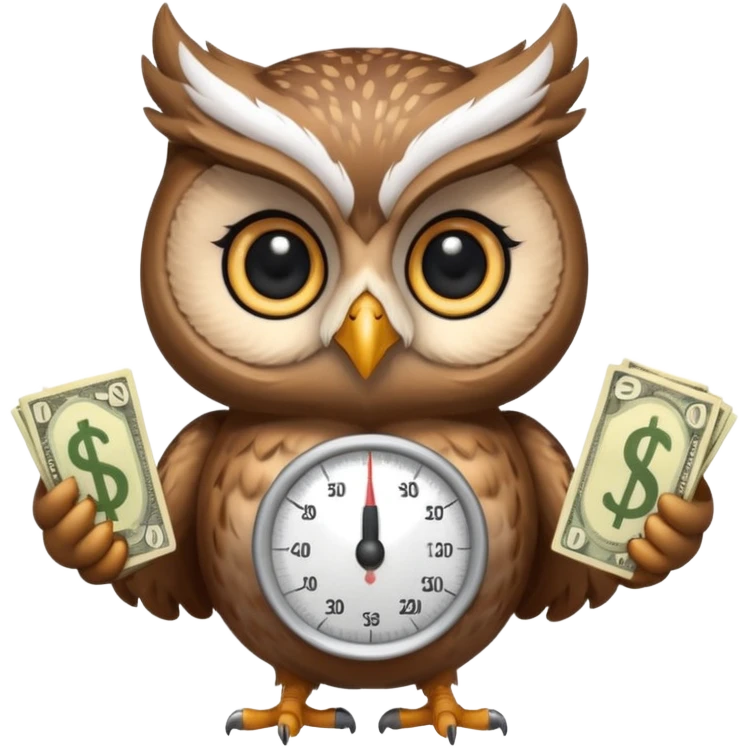 cute female mascot owl holding money scale with two sides emoji