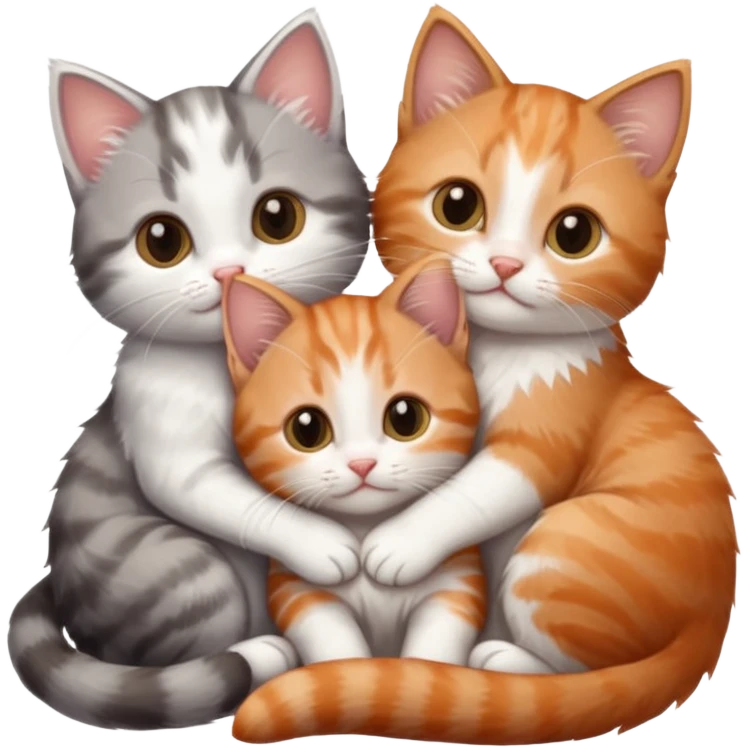 3 tiny kittens cuddling together all different colours, the first one is grey and white, the second is ginger and white and the third is brown tabby and white emoji