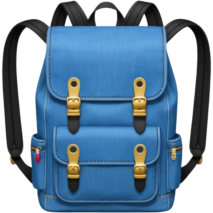 Minimalist emoji-style icon of a stylish blue denim backpack with a flap top, two vertical black buckle straps,and two zipper side pockets. Inspired by Tommy Jeans design. 

 emoji