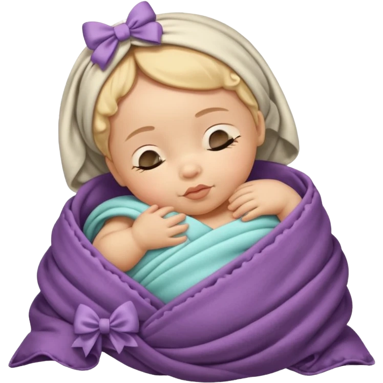 Sleeping light skinned baby wrapped in a blanket with bows on it emoji