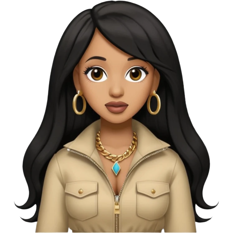 Cardi B with long jet black hair, beige outfit emoji