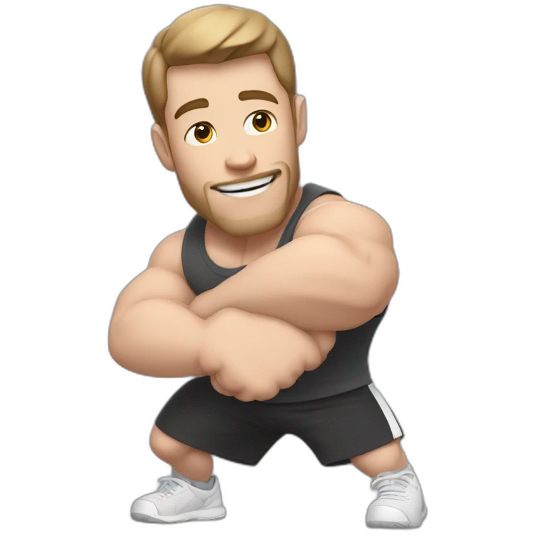 Close up Actively gesturing  with hands Pale skinned Fit Man With the biceps and brown hair in dark gray Sleeveless Mike, black oversize sports shorts, watch and white Sneakers emoji
