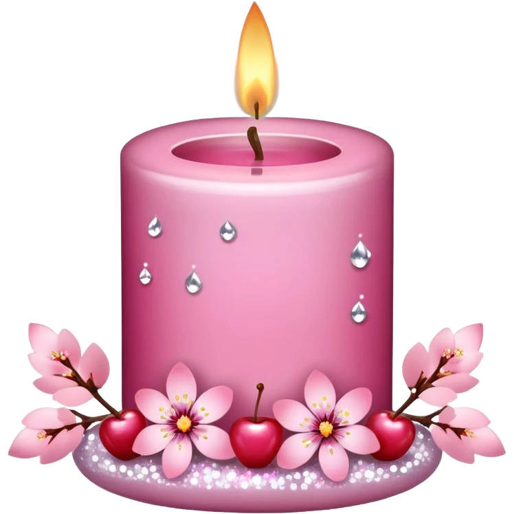 A pink Sakura candle with Sakura petals, flowers, cherries, sparkles, glitters, white branches emoji