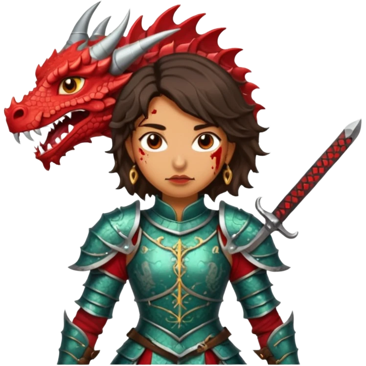 Fierce Latina in armor with a sword after a battle cutting off the head of a dragon emoji