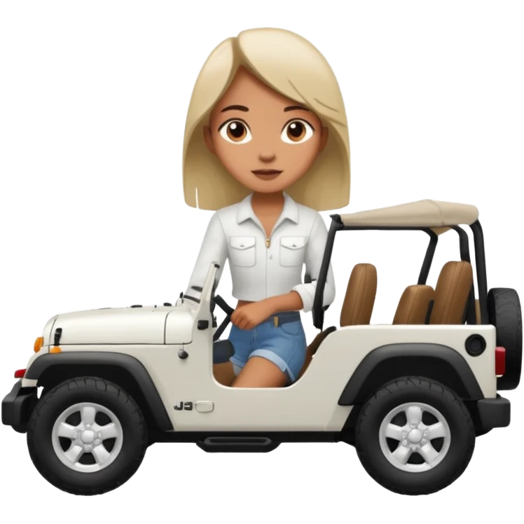 make the jeep white color, show a 45 degree angle and the girl giving a side look emoji