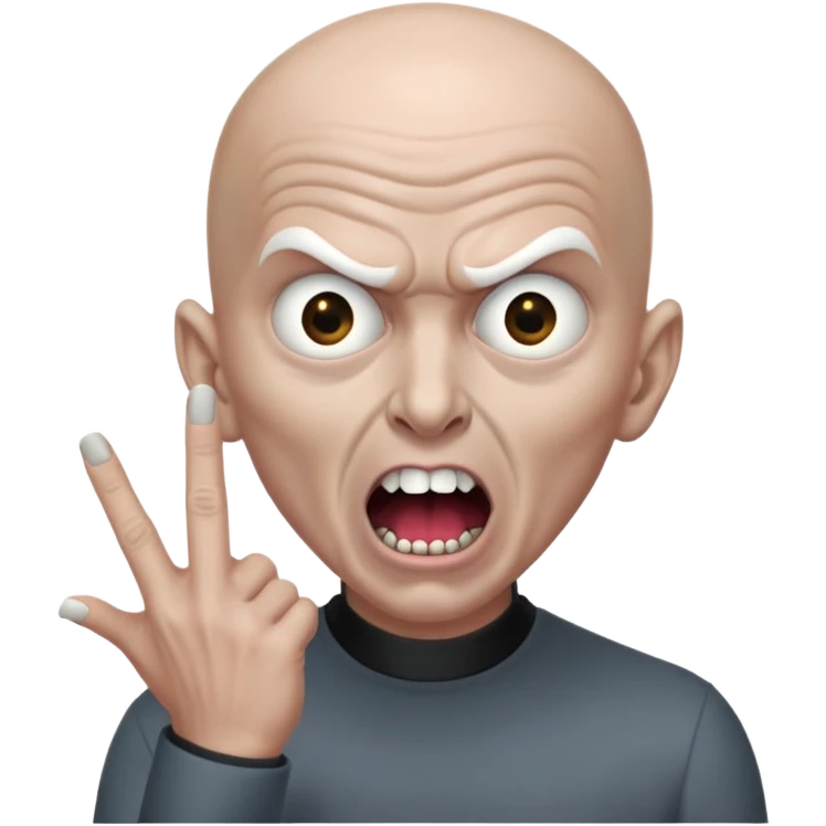 Rick Astley with bald grey head possessed by a demon because there is fingers in front of his face and he has no pupils and his body and clothes are gray too and he has his mouth open and he only has 2 teeth and that is his middle lower teeth and the background is pitch black emoji