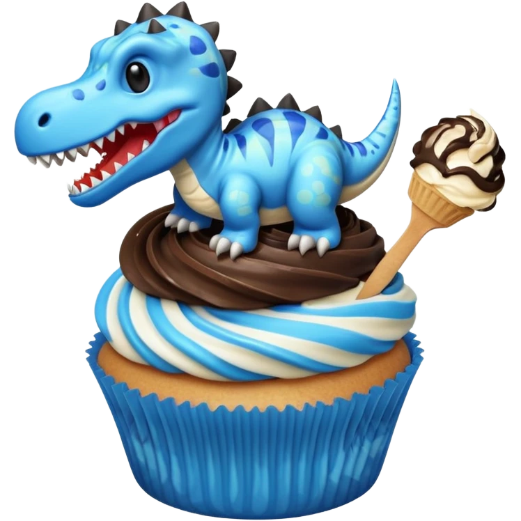 A cupcake having blue and black icing and a dinosaur as a decoration and ice cream next to it emoji