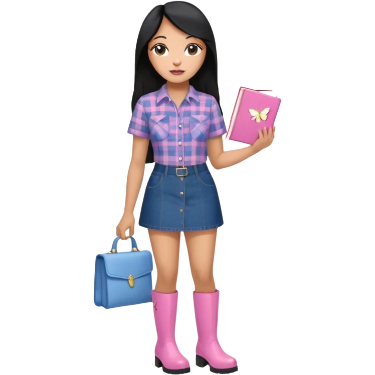 A plus-size light-skinned Black woman is wearing makeup. She has long, straight, waist-length black hair and is wearing a short-sleeved flannel shirt with a pink butterfly print, a denim miniskirt, and pink boots. She is standing and holding a book with her forearm raised. emoji