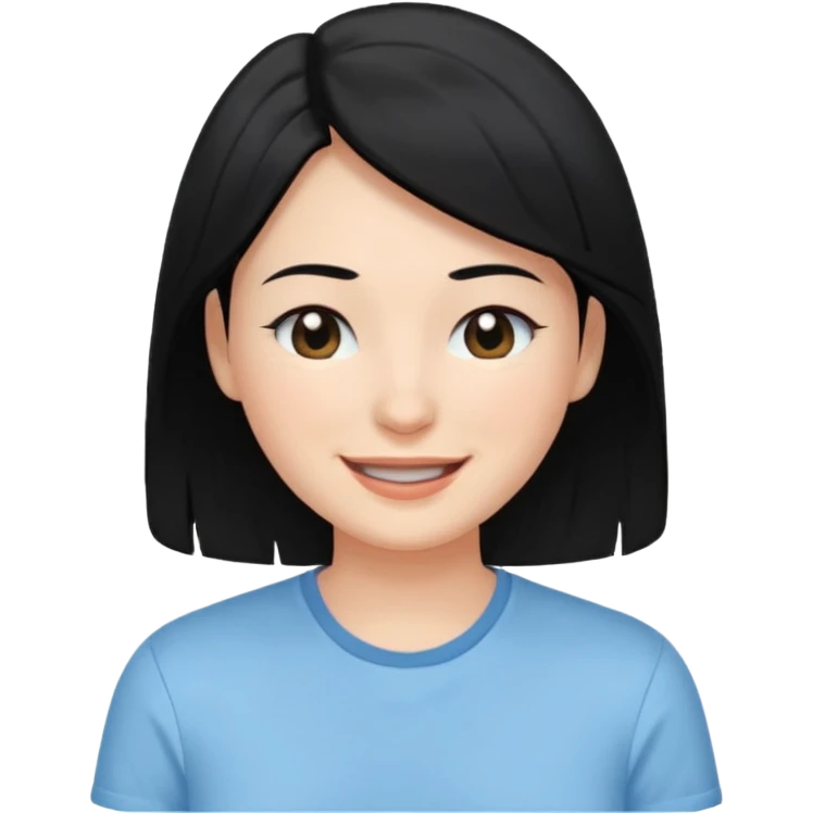 검정 긴머리에 청순한 직장인의 모습 웃고 있으면 좋겠어 하늘색 셔츠를 입으면 좋을 거 같ㅇ다  눈동자도 검정색 이빨은 보이지 않게 미소만 띄우면 좋겠어  emoji