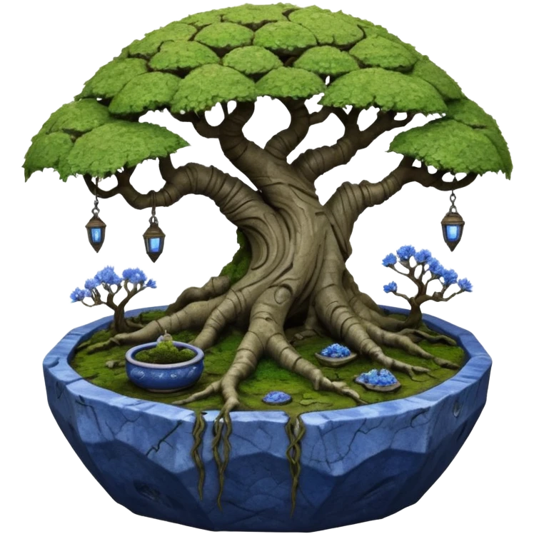 Alien spacecraft hanging-vines landscape mudman very old broken cracked intricate Stone Age rocky-crusted irregular dodecagon-shaped shallow dark moss rough bark blue willow flowered maple tree bonsai pot emoji