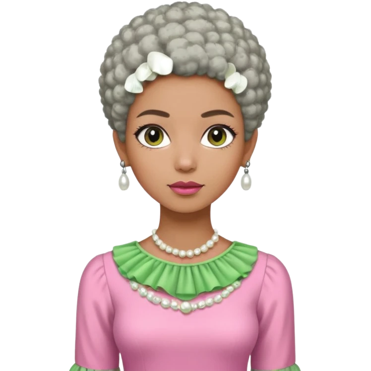 Pretty Brown woman with a very very short stylish gray Afro  wearing pink and green dress  and pearl blouse with sleeves emoji