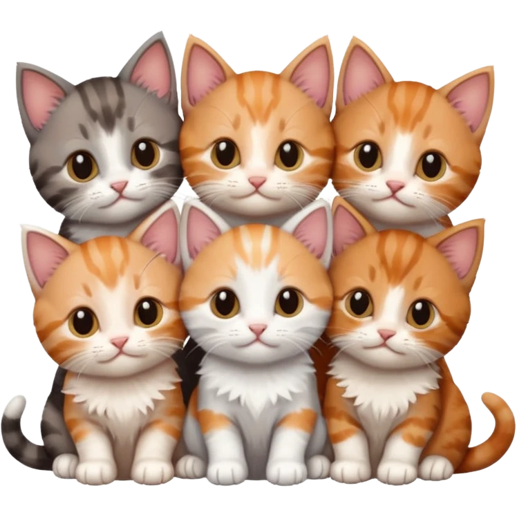 6 tiny kittens cuddling together all different colours, the first one is grey and white, the second is ginger and white and the third is brown tabby and white emoji