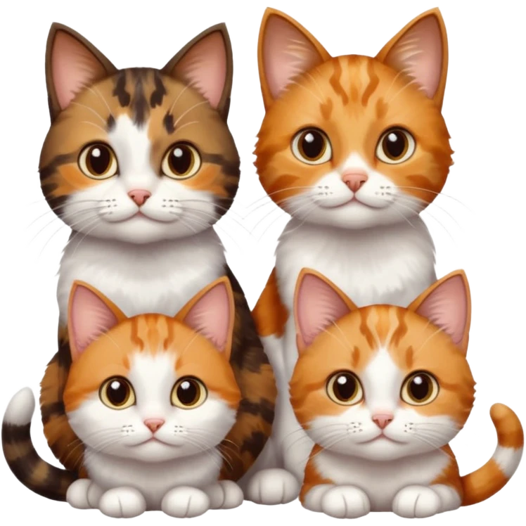 3 different coloured small cats including a dark brown tabby and white, a patchy calico, and a ginger and white emoji