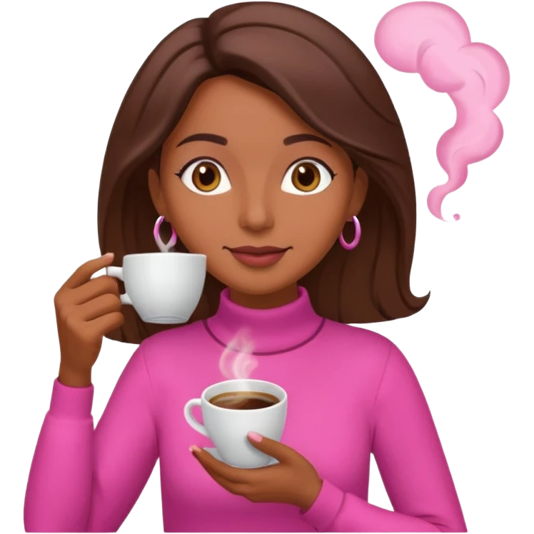 Mulher morena tomando café  com roupa rosa esfriando o café  emoji