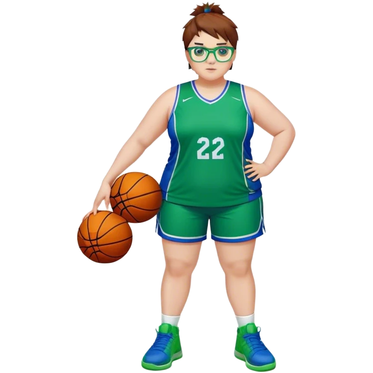 Full Body white plus size Girl with basketball spikey short brown HAIR wearing blue glasses with green eyes wearing blue and green basketball uniform PLAIN WITH GREEN SHOES emoji