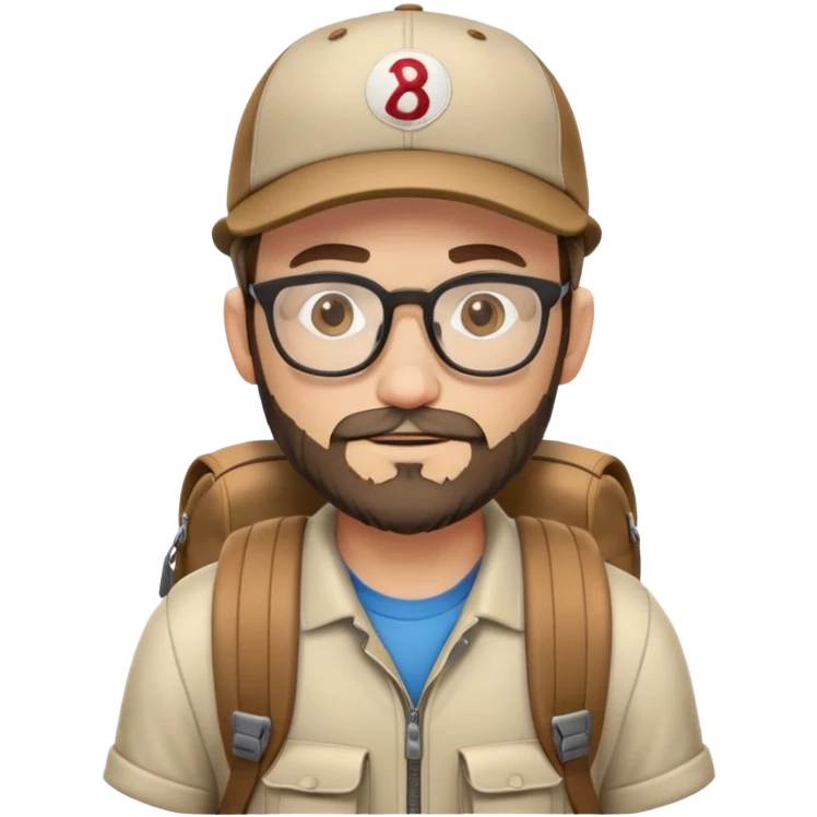 adventurer with backpack, small beard, glasses and backwards baseball cap emoji