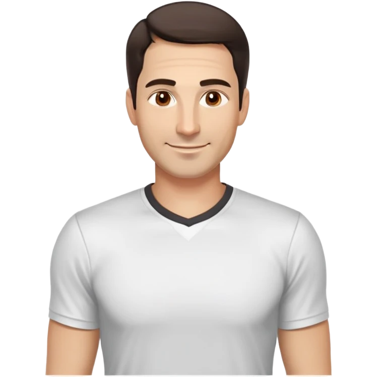 Fit good-looking man in his 40s with young appearance, light brown complexion, elongated face, fine jawline, intense brown eyes, medium eyebrows, straight narrow nose, attractive smile, short dark hair styled fresh, vibrant expression, wearing a white fitted athletic shirt emoji