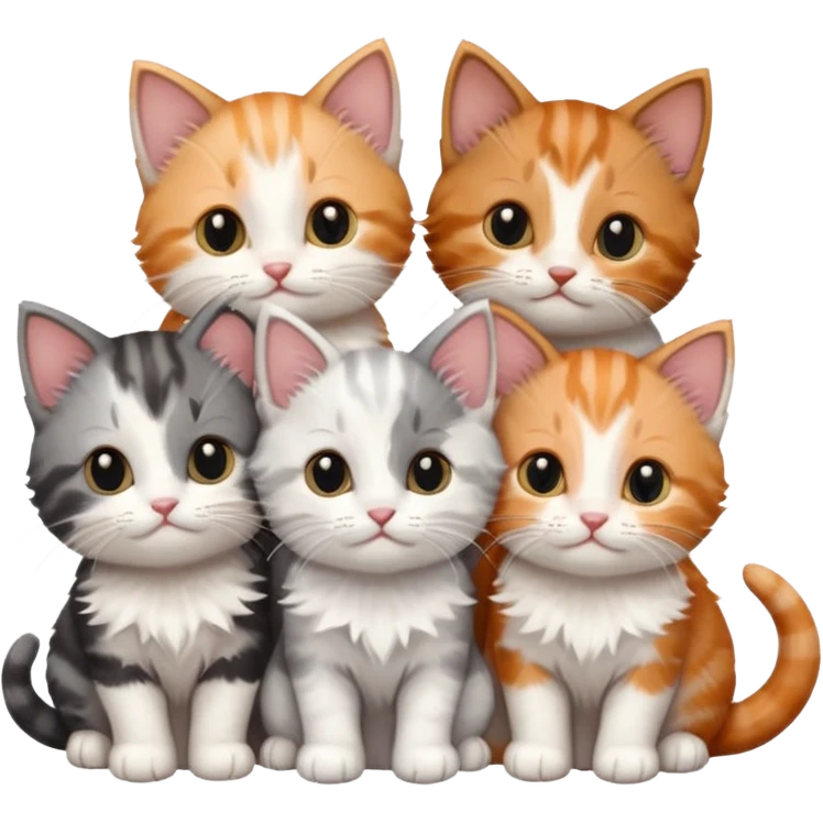 6 tiny kittens cuddling together all different colours, the first one is grey and white, the second is ginger and white and the third is brown tabby and white emoji