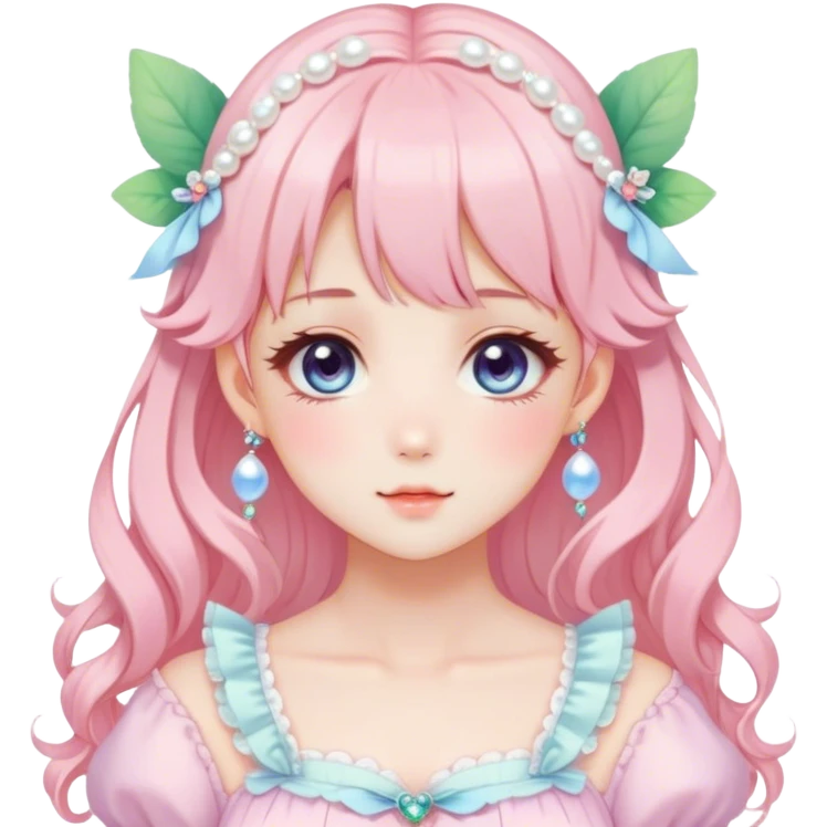Gorgeous anime style lady with blushing face and accessories cottagecore fairycore Kawaii anime colorful pearly romantic aesthetic trending style emoji