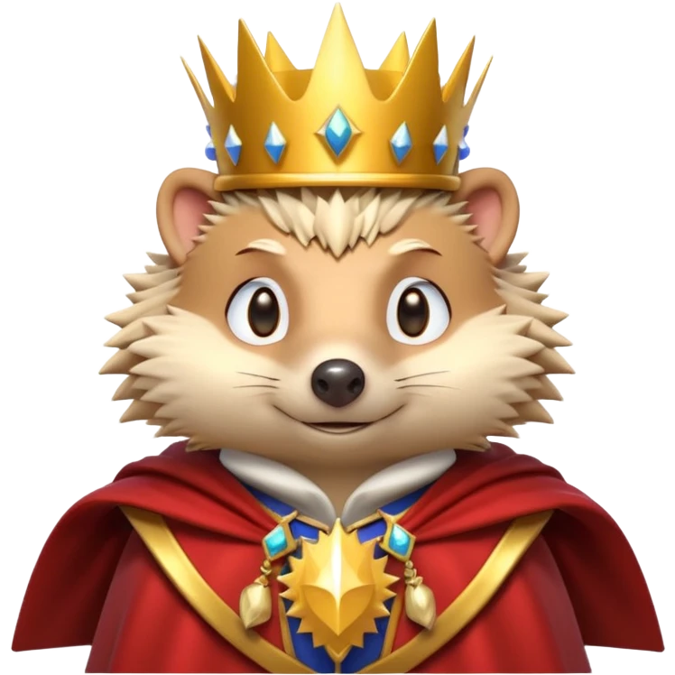 king hedgehog portrait, head and shoulders only, wearing a small golden crown, royal cape collar, proud confident expression, cute spiky fur details, fantasy royal vibe, 3D cartoon, mobile game icon style, clean background, no text, no watermark
 emoji