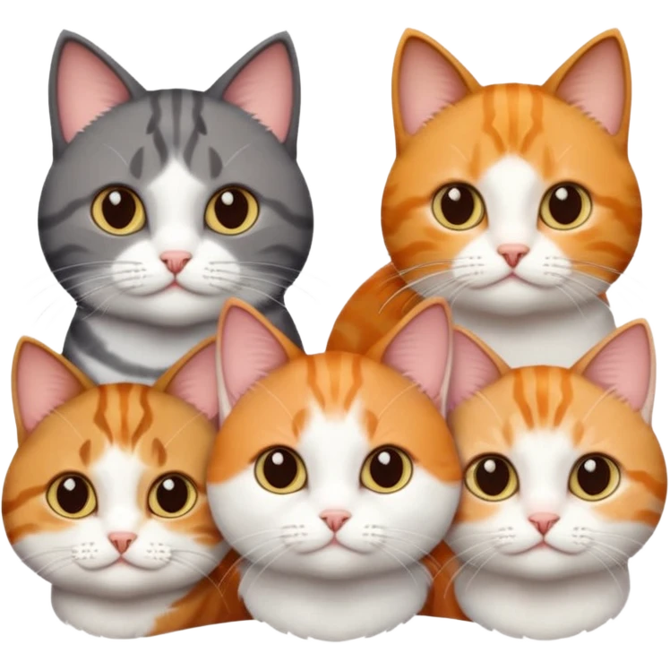 3 different coloured short haired cats including; a dark brown tabby and white cat, and a dark grey and white and a ginger and white emoji
