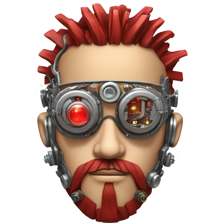 cyborg head with Silver mohawk, red steampunk goggles, long red beard and circuits emoji