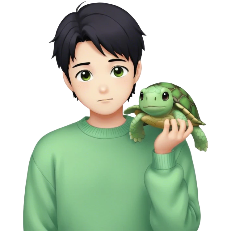 Gorgeous pastel green sweater black hair anime style shojo guy with blushing face and, turtle, aesthetic, young adult, trending style outside  emoji