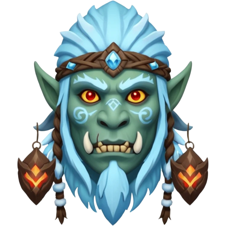 Fantasy Christmas orc shaman icon, ice spirit magic theme, glowing runes, winter tribal mask elements, mystical cold atmosphere, emoji sized portrait, male/female variant emoji