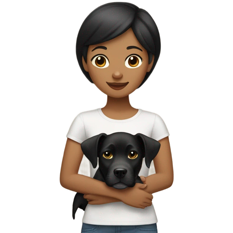tan girl with short straight black hair holds her black Labrador and pitbull mix dog emoji