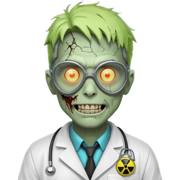 radioactive zombie scientist portrait, head and shoulders only, glowing toxic veins, cracked goggles, lab coat with radiation badge, sinister smile, 3D cartoon, mobile game icon style, clean background, no text, no watermark
 emoji