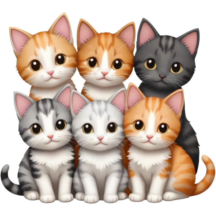 6 tiny kittens cuddling together all different colours, the first one is grey and white, the second is ginger and white and the third is brown tabby and white emoji