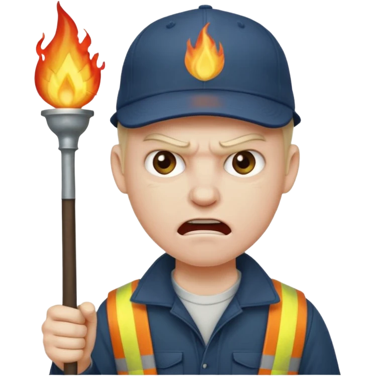 Angry man with a torch and a pitchfork and a cap that says "no blathy" emoji