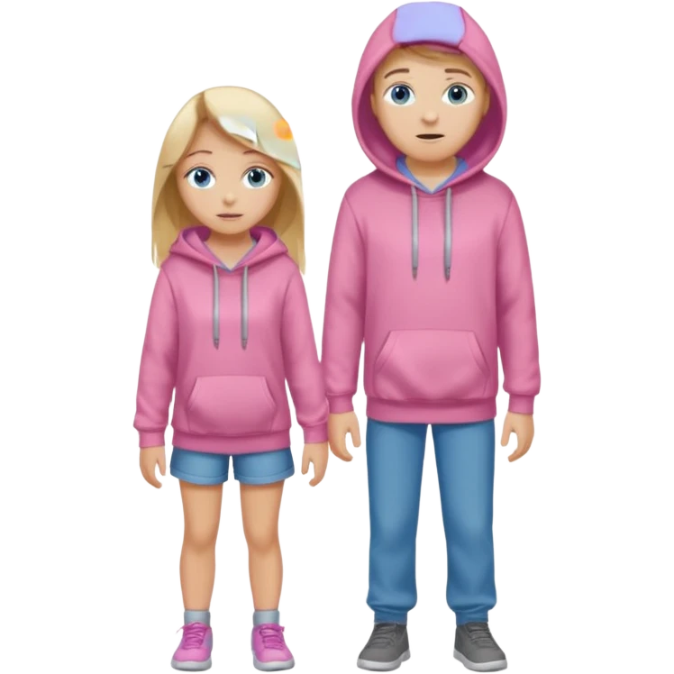 full-length couple, girl with long blonde hair and blue eyes in pink hoodie, boy with brown hair in gray hoodie emoji