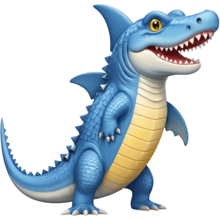 Appearance: The character is predominantly blue with a lighter belly and yellow eyes.
Features: It has large teeth, a shark-like fin on its back, and a tail.
Attire: The crocodile is wearing a pair of light blue and white sneakers.
Pose: It is standing upright on its hind legs. emoji