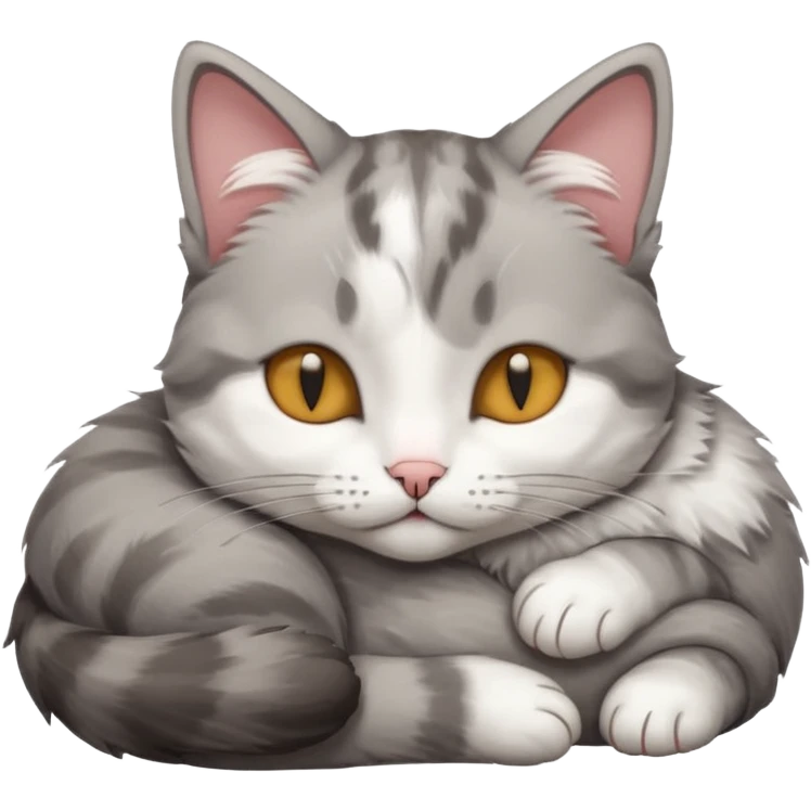 grey and white small cat with its eyes closed lying down with his head leaning on his paw emoji