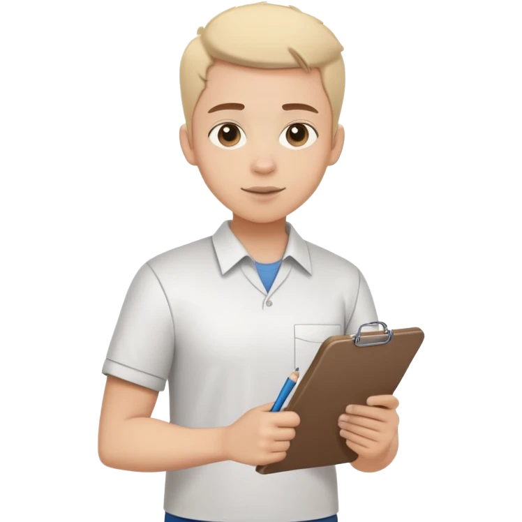 intern or volunteer holding a clipboard and pencil, ready to take notes or assist. The character wears a simple shirt and has an eager posture emoji