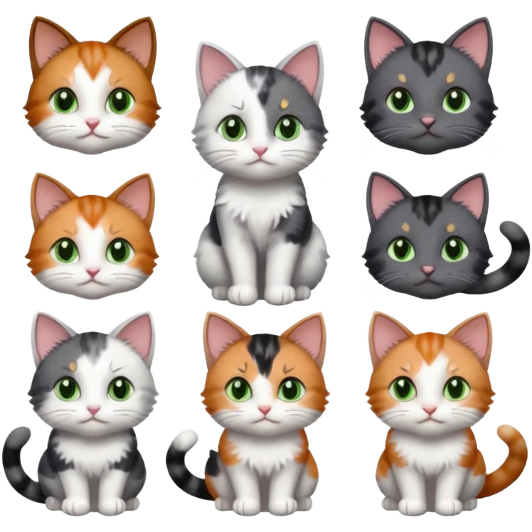 6 different coloured small cats including a dark grey and white, and a patchy calico, and a brown tabby and white,  and a completely solid dark grey with green eyes and only white paws emoji