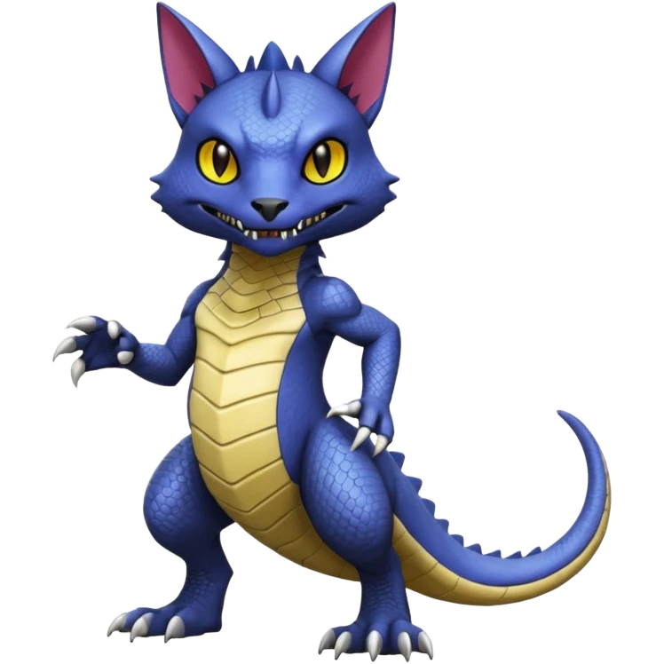 Reptilian, scaley Bastet-Noibat-Gatomon-Garchomp-Digimon-Fakémon-Pokémon-feline-creature (full body) emoji