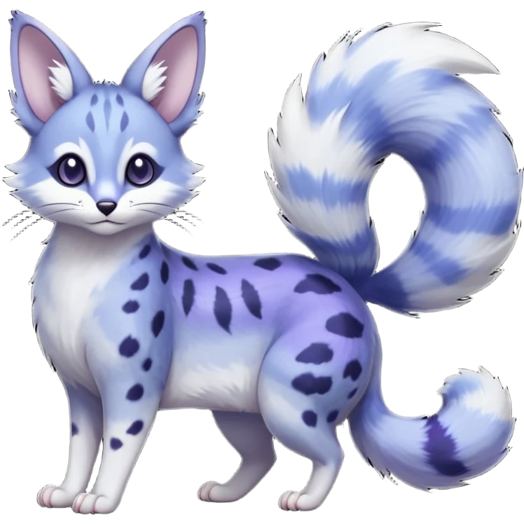  dull-colored gloomy-dark-deep-grayish-indigo-violet-gradients ghostly spectral spooky fur with random dark markings beautiful elegant pretty precious cute  Fakémon-Pokémon-opossum-feline-serval-caracal-chinchilla-Furret-Minccino-hybrid-creature with a big fluffy bushy tail (full body) emoji