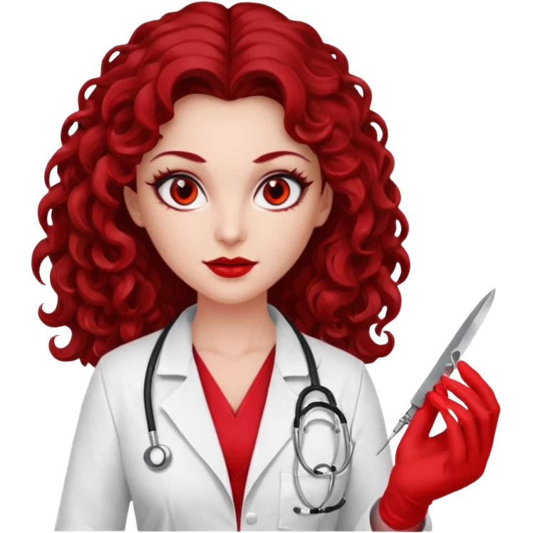 Lilith scalpel in hand, evil surgeon red outfit.  She has red eyes. She has dark brown long curly hair. Wears sexy doctor outfit with red gloves emoji