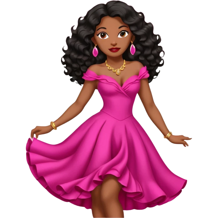 mature Black woman with long black wavy hair, pink lipstick, red dance dress, big earrings, confident expression emoji