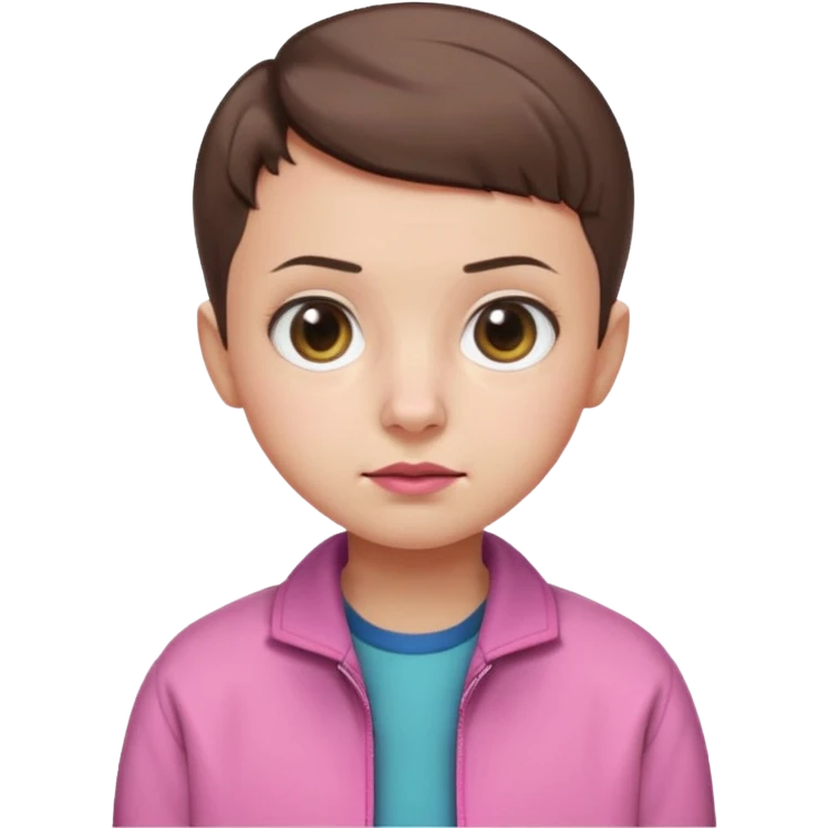 Create a cute emoji-style illustration of Eleven from Stranger Things: round face, big expressive eyes, short brown buzz-cut hair, pink jacket, simple nose and mouth, soft shading, bright colors, clean outline, minimal details, friendly expression, flat emoji style, white or transparent background. emoji